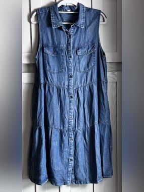Sleeveless Button-Front Denim Tiered Dress (fits large)